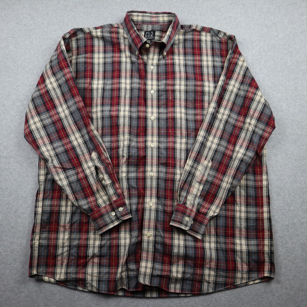 Jos. A. Bank Shirt Mens XXL Traveler's Collection Red Grey Plaid Button Down